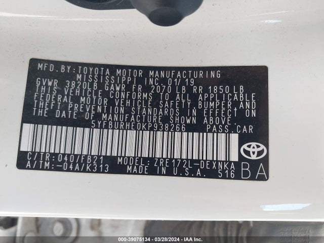 Toyota COROLLA LE 2019 5YFBURHE0KP938266 Image 9