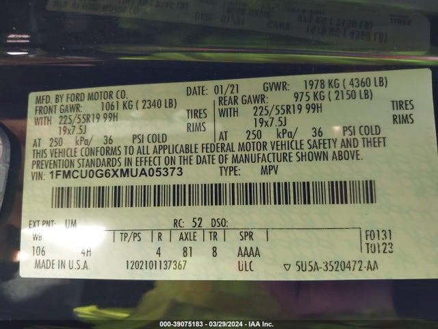 Ford ESCAPE SE 2021 1FMCU0G6XMUA05373 Image 9