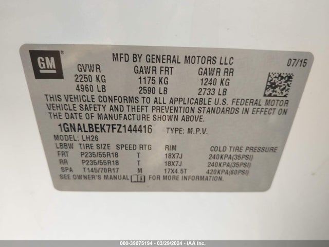 Chevrolet EQUINOX 1LT 2015 1GNALBEK7FZ144416 Image 9