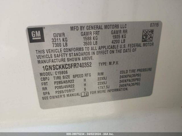 1GNSCKKC5FR740352 Chevrolet Suburban 1500 Ltz