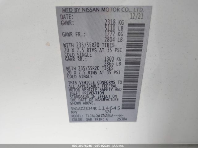5N1AZ2BJ4NC114645 Nissan Murano Sv Fwd
