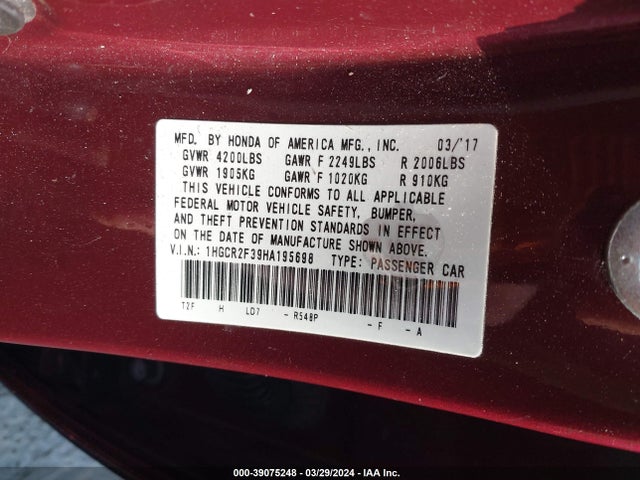Honda ACCORD LX 2017 1HGCR2F39HA195698 Image 9