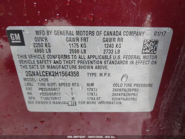 Chevrolet EQUINOX LT 2017 2GNALCEK2H1564358 Image 9