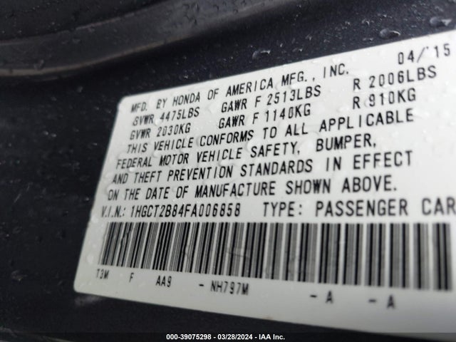 Honda Accord Ex-l V-6 2015 1HGCT2B84FA006858 Image 9