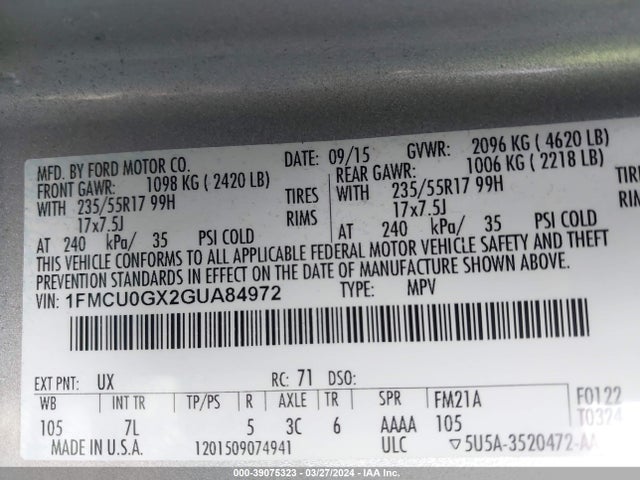 Ford ESCAPE SE 2016 1FMCU0GX2GUA84972 Image 9