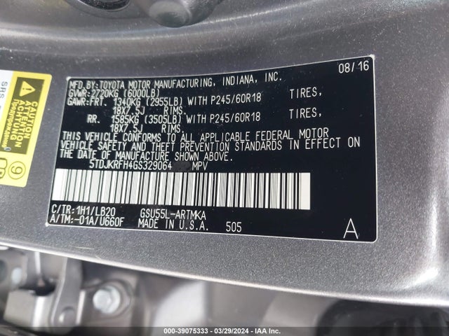 Toyota Highlander Xle V6 2016 5TDJKRFH4GS329064 Image 9