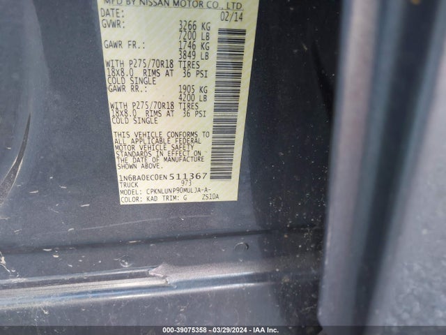 Nissan Titan Pro-4x 2014 1N6BA0EC0EN511367 Image 9