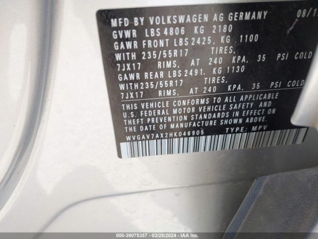 WVGAV7AX2HK046905 Volkswagen Tiguan 2.0t/2.0t S