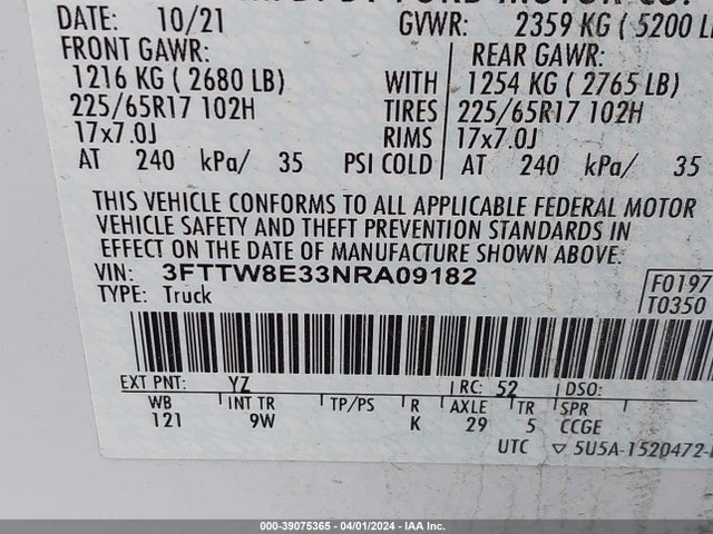 Ford Maverick Xl 2022 3FTTW8E33NRA09182 Image 9
