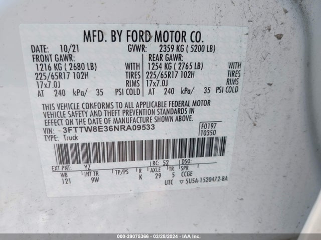 Ford Maverick Xl 2022 3FTTW8E36NRA09533 Image 9