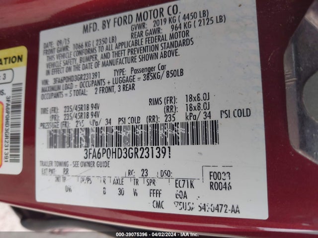 Продаж на аукціоні авто 2016 Ford Fusion Se, vin: 3FA6P0HD3GR231391, номер лоту: 39075396