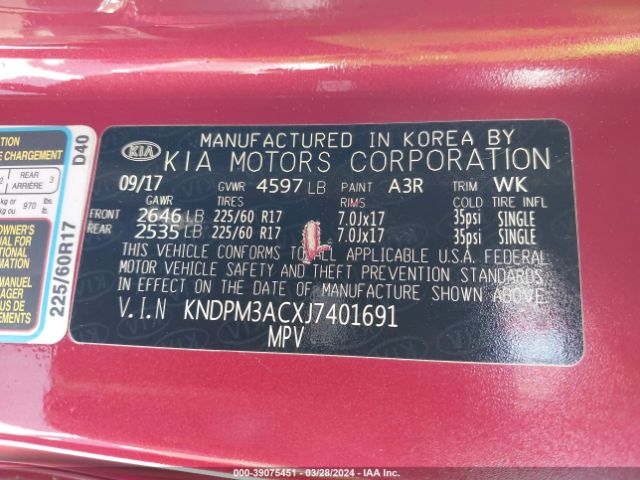 KNDPM3ACXJ7401691 KIA Sportage Lx