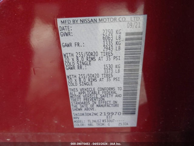 Nissan Pathfinder Platinum 4wd 2022 5N1DR3DK2NC219970 Image 9