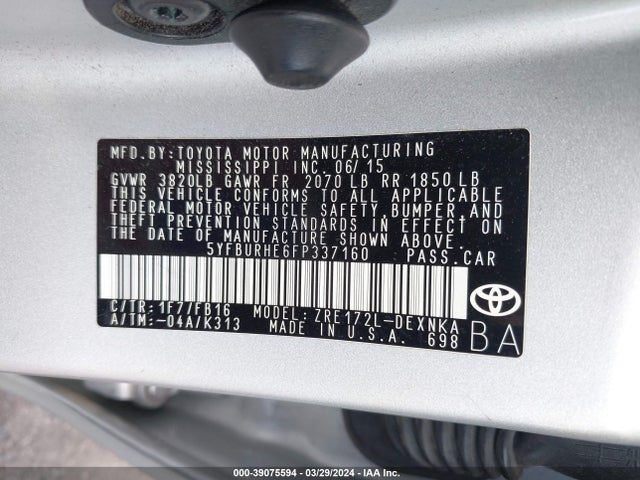 Toyota COROLLA LE 2015 5YFBURHE6FP337160 Image 9