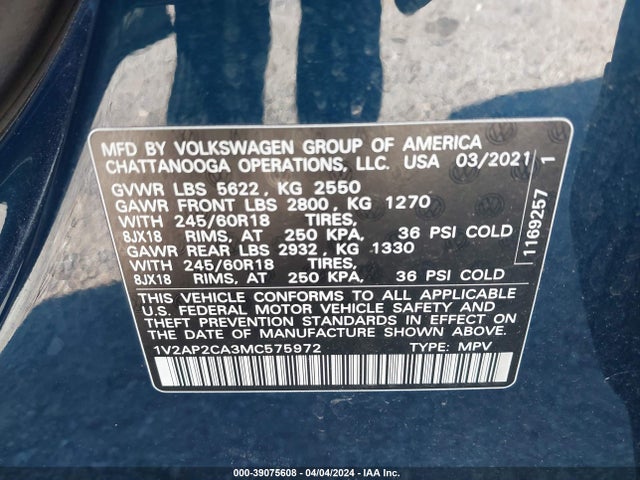 1V2AP2CA3MC575972 Volkswagen Atlas 2.0t S
