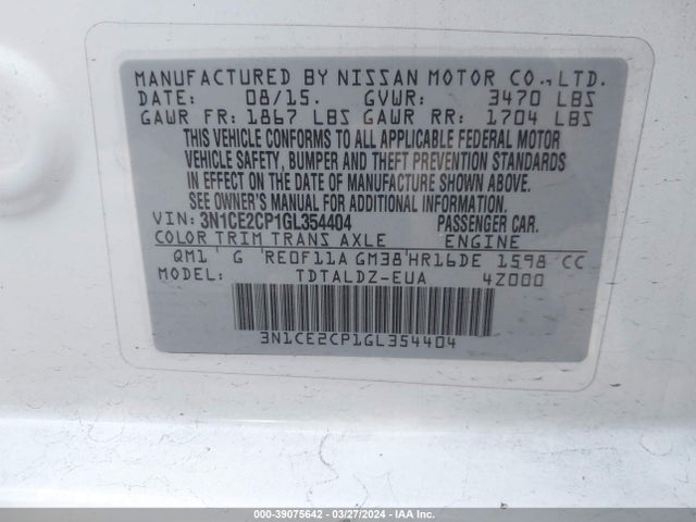 Nissan Versa Note S (sr)/s Plus/sl/sr/sv 2016 3N1CE2CP1GL354404 Image 9