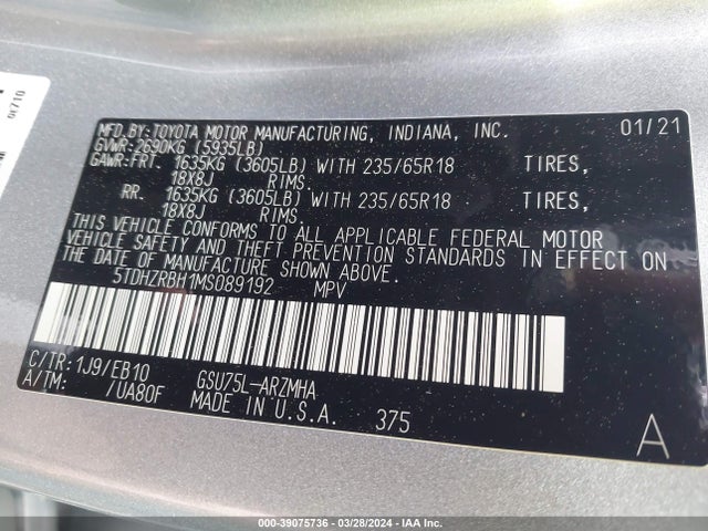 Toyota Highlander Xle 2021 5TDHZRBH1MS089192 Image 9