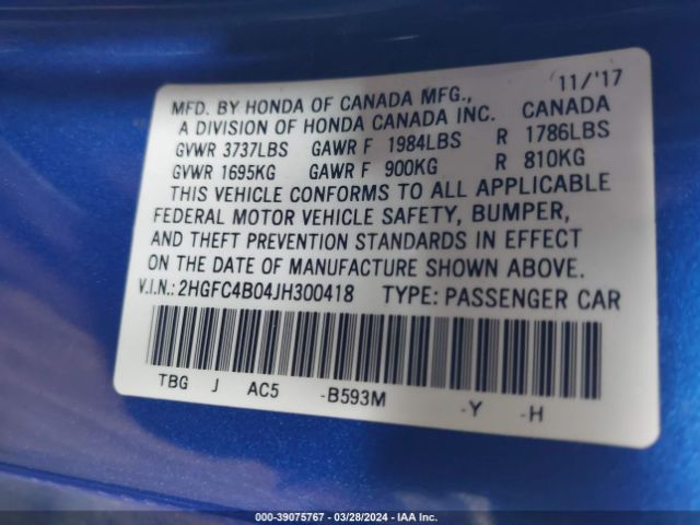 2HGFC4B04JH300418 Honda Civic Lx-p