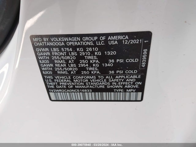 1V2WR2CA0NC516833 Volkswagen Atlas 3.6l V6 Se W/technology