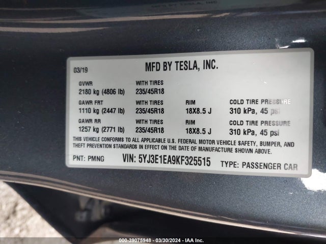 Tesla Model 3 Long Range/mid Range/standard Range/standard Range Plus 2019 5YJ3E1EA9KF325515 Image 9