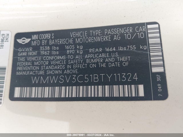 2011 MINI COOPER S WMWSV3C51BTY11324 Photo 8