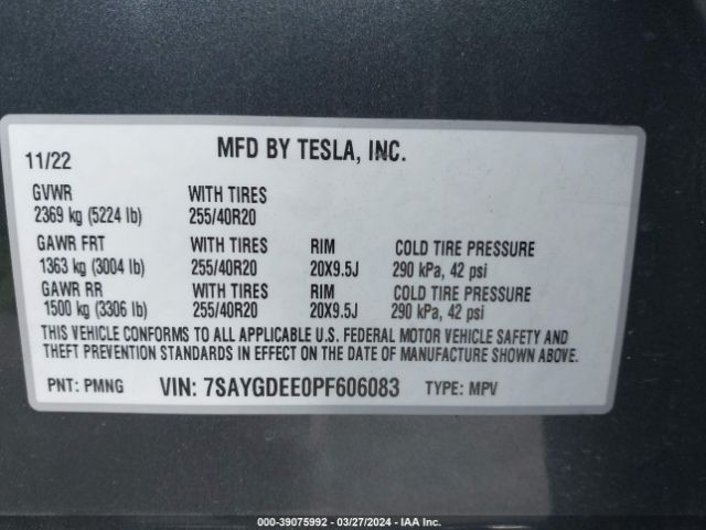 7SAYGDEE0PF606083 Tesla Model Y Awd/long Range Dual Motor All-wheel Drive