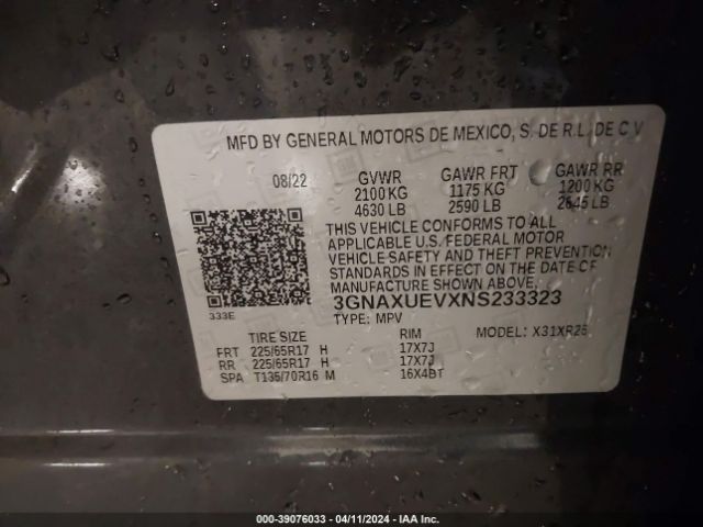 3GNAXUEVXNS233323 Chevrolet Equinox Awd Lt