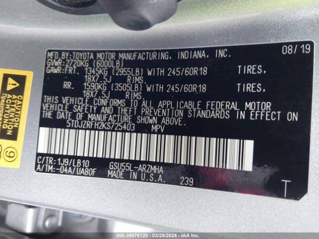 5TDJZRFH2KS725403 Toyota Highlander Xle