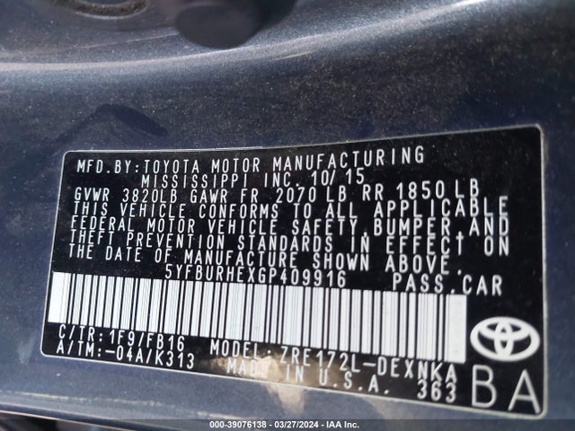 Toyota COROLLA LE 2016 5YFBURHEXGP409916 Image 9