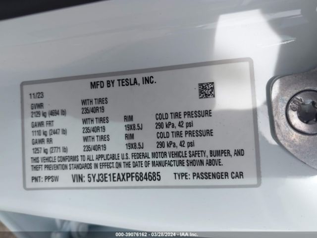 5YJ3E1EAXPF684685 Tesla Model 3 Rear-wheel Drive