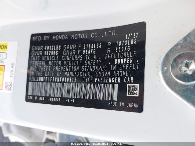 Honda CIVIC EX 2022 JHMFE1F78NX010312 Image 9
