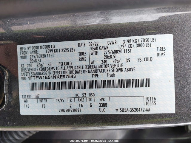 Ford F-150 Xlt 2022 1FTFW1E51NKE97543 Image 9
