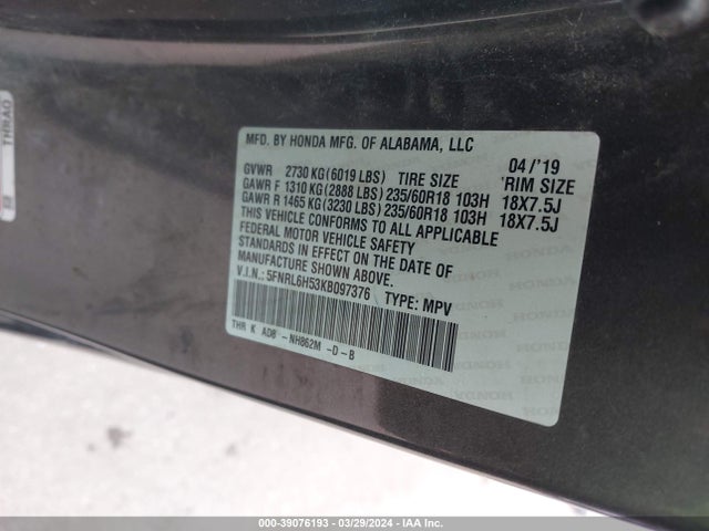 Honda ODYSSEY EX 2019 5FNRL6H53KB097376 Image 9