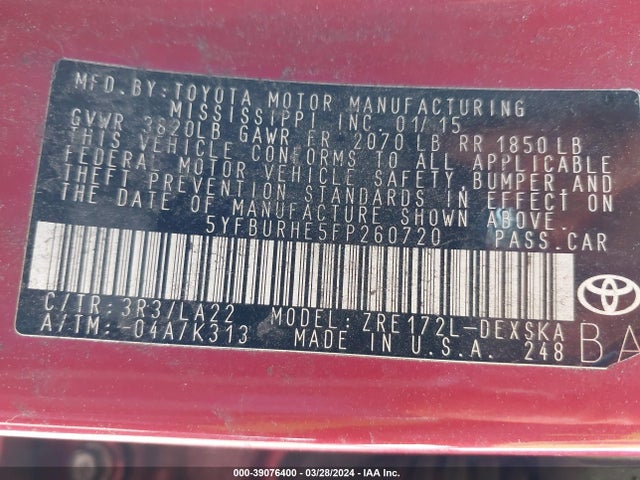 Toyota Corolla S Premium 2015 5YFBURHE5FP260720 Image 9