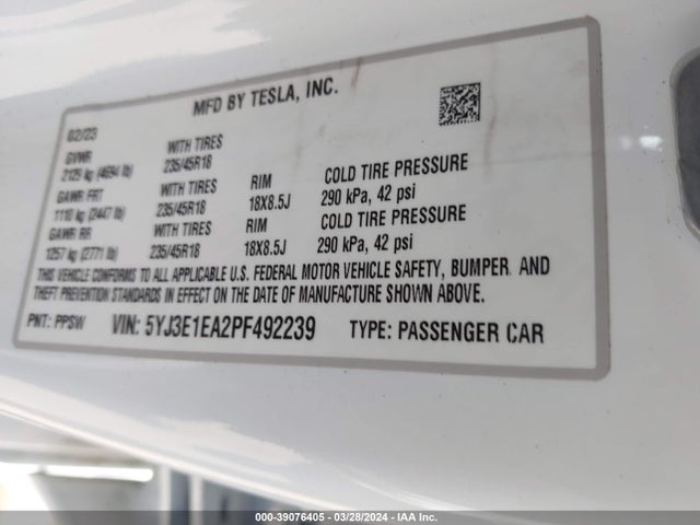 Tesla Model 3 Rear-wheel Drive 2023 5YJ3E1EA2PF492239 Image 9