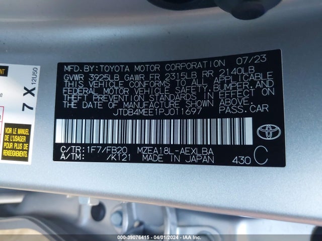 Toyota COROLLA LE 2023 JTDB4MEE1PJ011697 Image 9