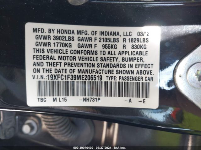 19XFC1F39ME206519 Honda CIVIC EX
