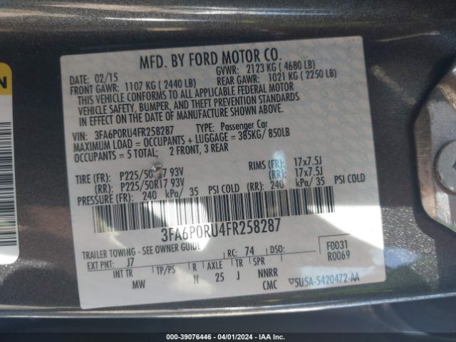3FA6P0RU4FR258287 Ford Fusion Hybrid Titanium
