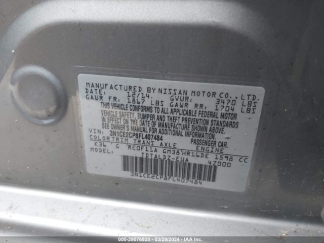3N1CE2CP8FL407484 Nissan Versa Note S (sr)/s Plus/sl/sr/sv