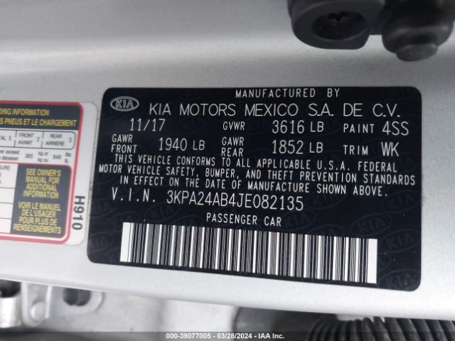3KPA24AB4JE082135 KIA RIO S