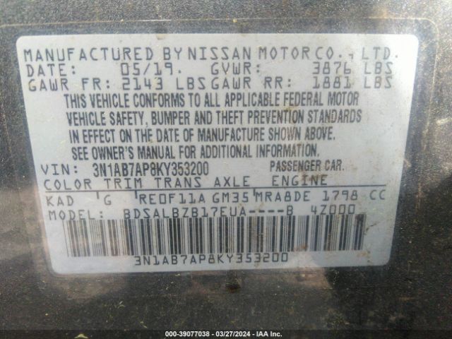 3N1AB7AP8KY353200 Nissan SENTRA S