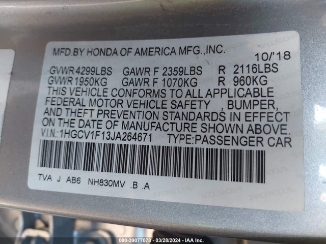 Honda ACCORD LX 2018 1HGCV1F13JA264671 Image 9