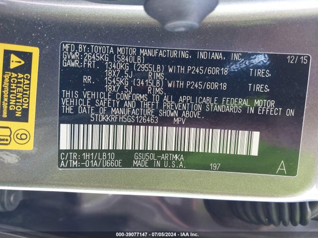Toyota Highlander Xle V6 2016 5TDKKRFH5GS126463 Image 9