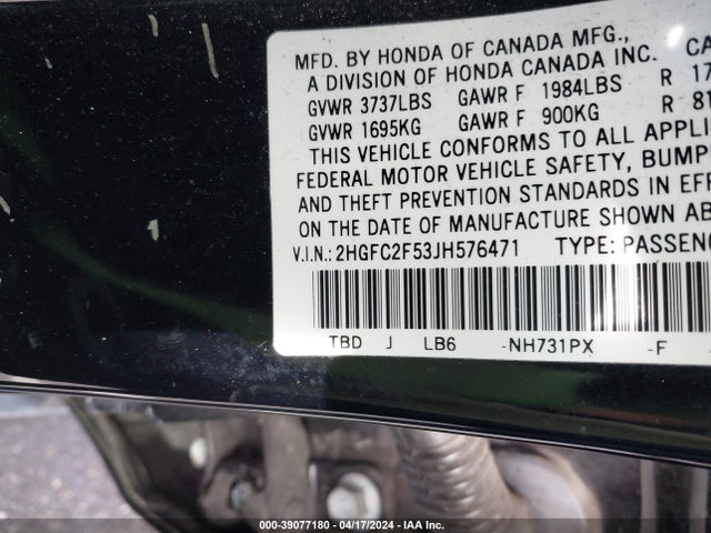 Honda Civic Lx 2018 2HGFC2F53JH576471 Image 9