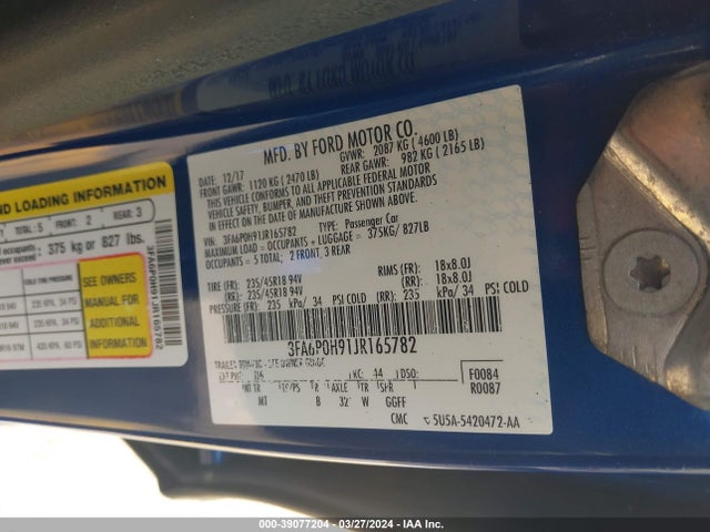 Ford FUSION SE 2018 3FA6P0H91JR165782 Image 9