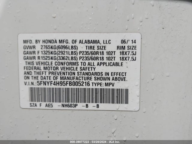 Honda Pilot Touring 2015 5FNYF4H95FB005216 Image 9