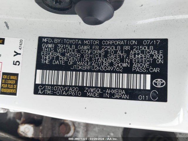 Toyota Prius Two 2017 JTDKBRFU2H3049762 Image 9