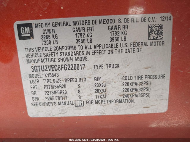 GMC Sierra 1500 Slt 2015 3GTU2VEC8FG220017 Image 9