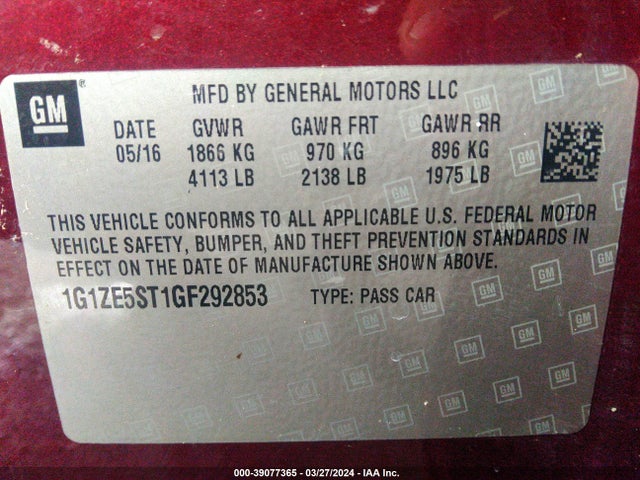 Chevrolet MALIBU 1LT 2016 1G1ZE5ST1GF292853 Image 9