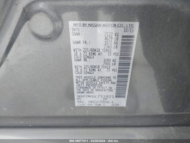 Nissan Rogue Sl 2016 5N1AT2MV1GC755921 Image 9